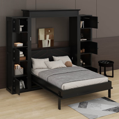 Lit escamotable avec lumières DEL et tablettes de rangement, lit escamotable pliable en bois