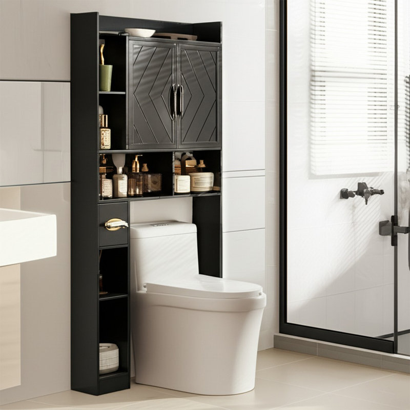 67.8" H Over The Toilet Storage Cabinet With Adjustable Shelves & Toilet Paper Holder, Farmhouse Over Toilet Bathroom Organizer, Double Door Toilet Cabinet For Bathroom, And Laundry, Black