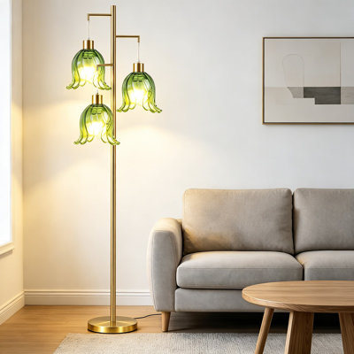 Gold Floor Lamp For Living Room, 3-Light Tree Standing Lamp With Olive Green Glass Shades, Mid Century Modern Tall Floor Light, Vintage Retro Brushed Gold Finish, Farmhouse Boho Floor Lamp For Bedroom