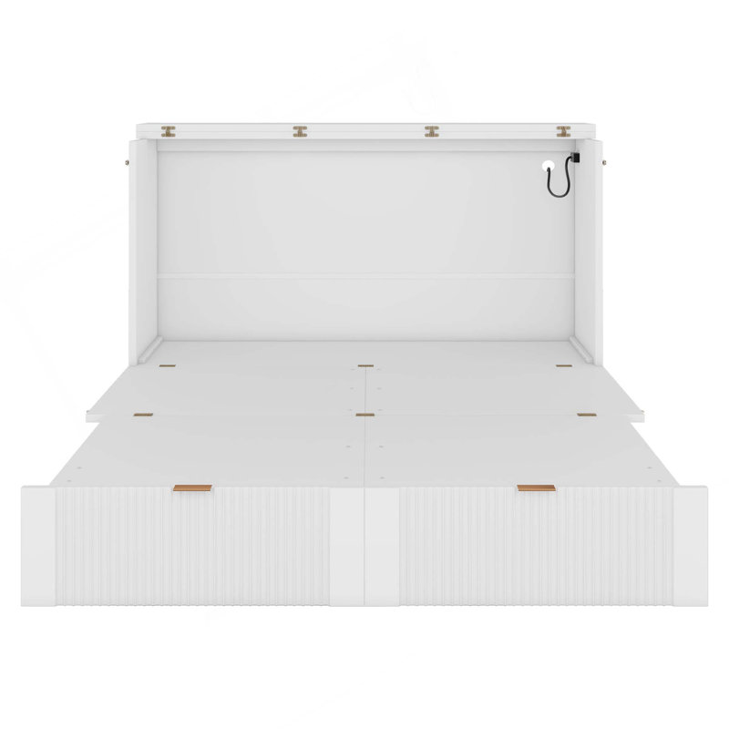 Lit escamotable avec tiroir et ensemble de prises et ports USB, structure de poulie, Double, Blanc