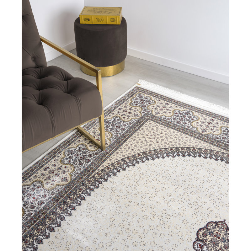 Minyatur White & Cream Medallion Area Rug – 100% Viscose, Traditional Low-Pile Woven Carpet for Living Room, Bedroom & Hallway