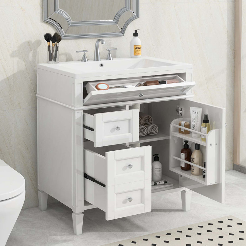 Meuble-lavabo de salle de bain 30 po avec lavabo supérieur, armoire de rangement moderne SW000103, Blanc