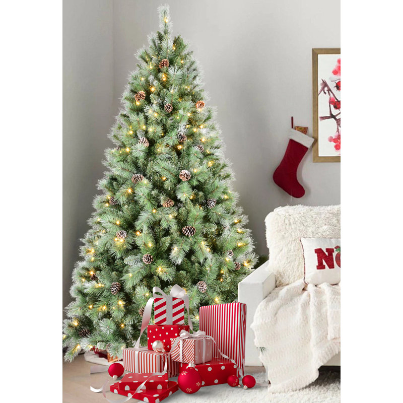 Arbre de Noël artificiel pré-éclairé avec lumières blanc chaud et embouts de branches mixtes en PVC / PE, H 7 pi