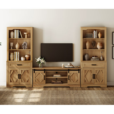 Laziza Farmhouse Entertainment Center With Bookshelf For Tvs Up To 75",Mid Century Modern TV Stand With 73"H Tall 5-Tier Bookcase With Open Storage An by Gracie Oaks