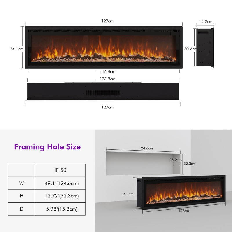 Advait Electric Fireplace For Recessed Or Wall Mount Installation, 34.1cm H x 127cm W x 14.15cm D