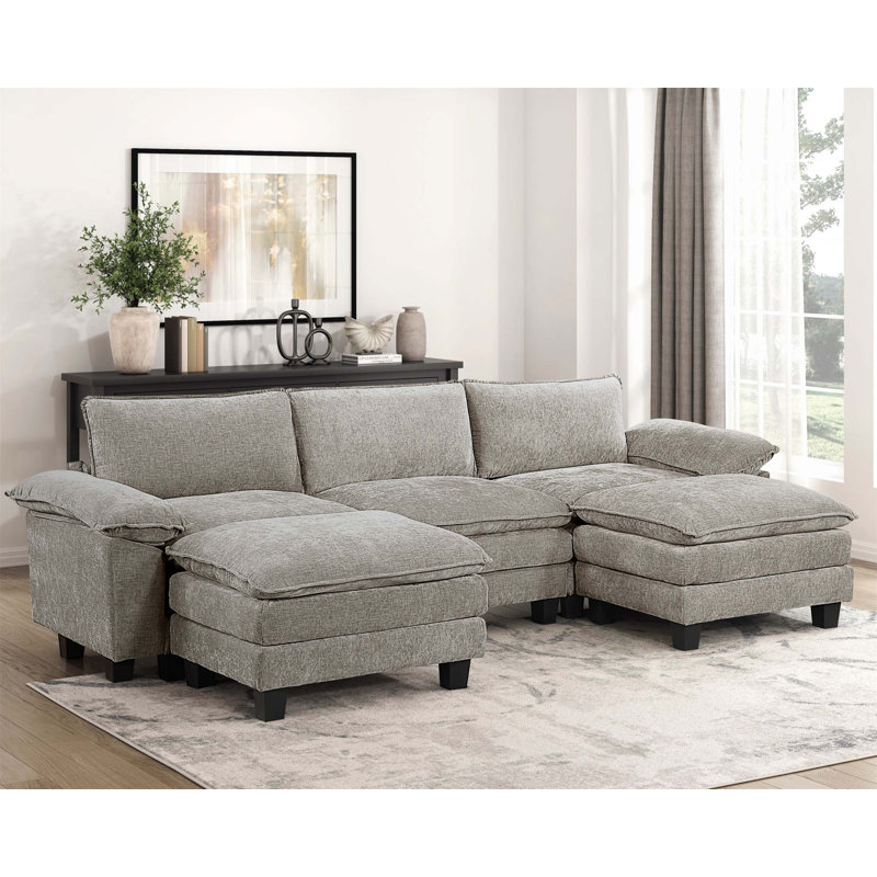 Repose-pieds de style moderne avec revêtement en chenille, structure en contreplaqué durable et confort moelleux pour les salons contemporains