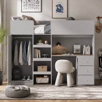 Wood Full Size Loft Bed with Built-In Wardrobe, Desk, Storage Shelves & Drawers