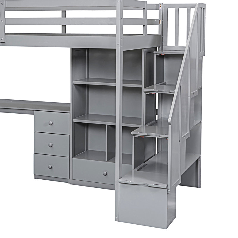 Lit mezzanine avec bureau en L et tiroirs, Gris