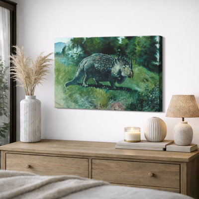 Vintage Dinosaur Illustration Green Nature Artwork, Kids Room Pictures, Framed Canvas Giclee Print Wall Art.