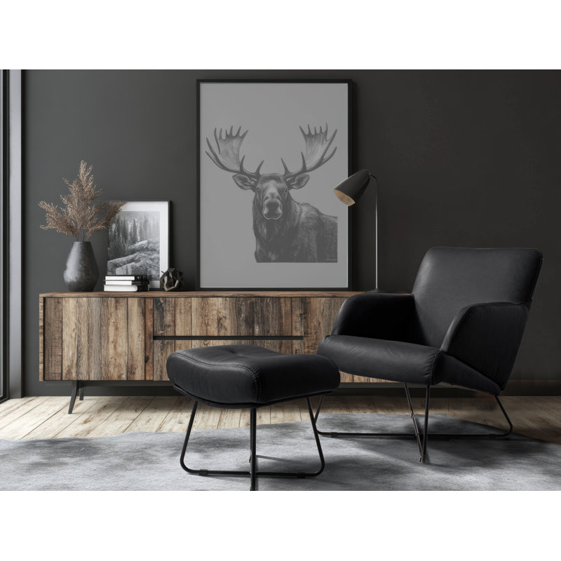 Averie Genuine Leather Designer Armchair With Footstool Included, Black