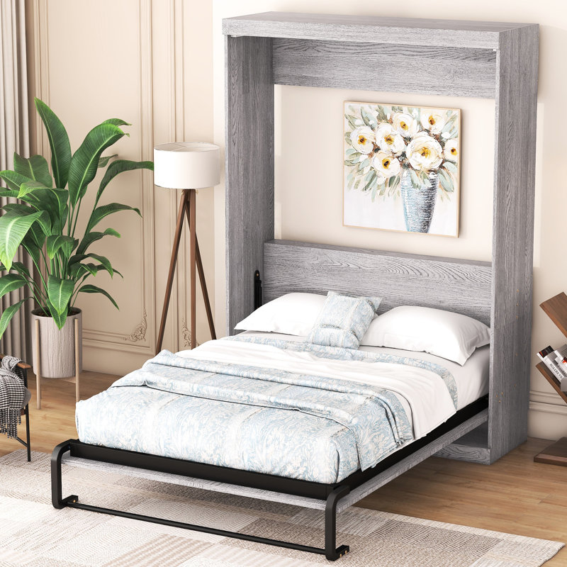 Grey Full Size Folding Bed Into Cabinet - Robust Construction & Space Utilization Space Bed, Wood Slats Design