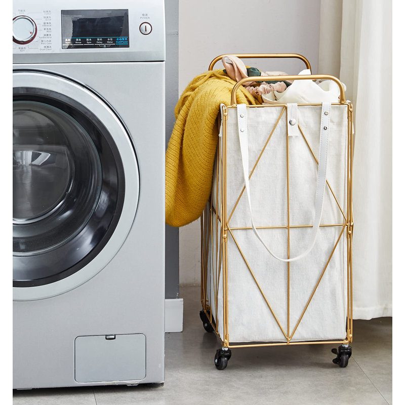 Collapsible Rolling Iron Wire Laundry Hamper, Gold
