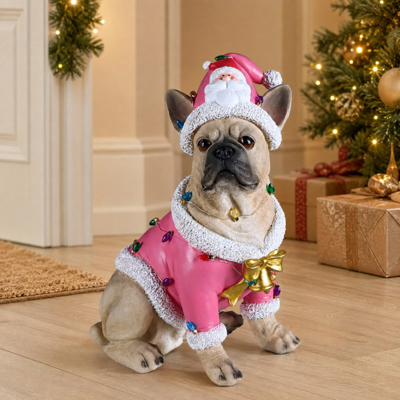 Figurine de Noël bouledogue français de Noël avec une décoration de père Noël