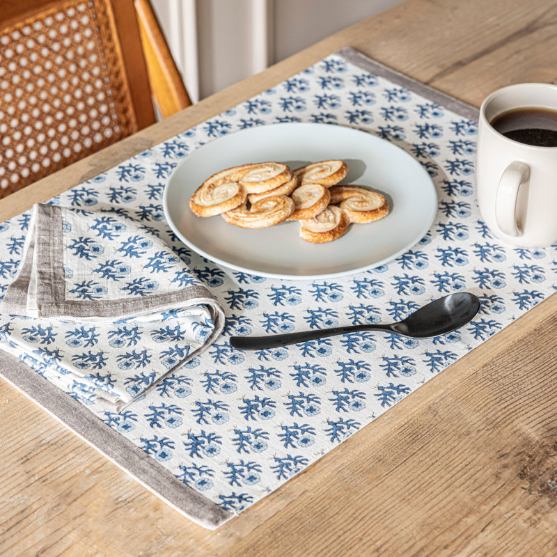 over&back Hand-Blocked Placemats, Set of 4, Blue Bloom