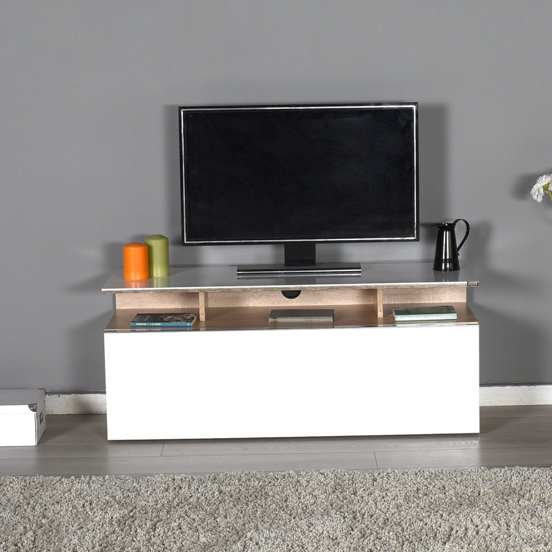 Meuble télé moderne avec de nombreuses tablettes, chêne et blanc, 46,1 po x 18,9 po x 15,7 po | Panneau de particules 100% enduit de mélamine | Conception à fixation murale | Solution de rangement élégante et fonctionnelle pour le salon et les espaces de divertissement