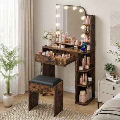 Jaseria Vanity Set with LED Lighted Mirror & Power Outlet for Bedroom