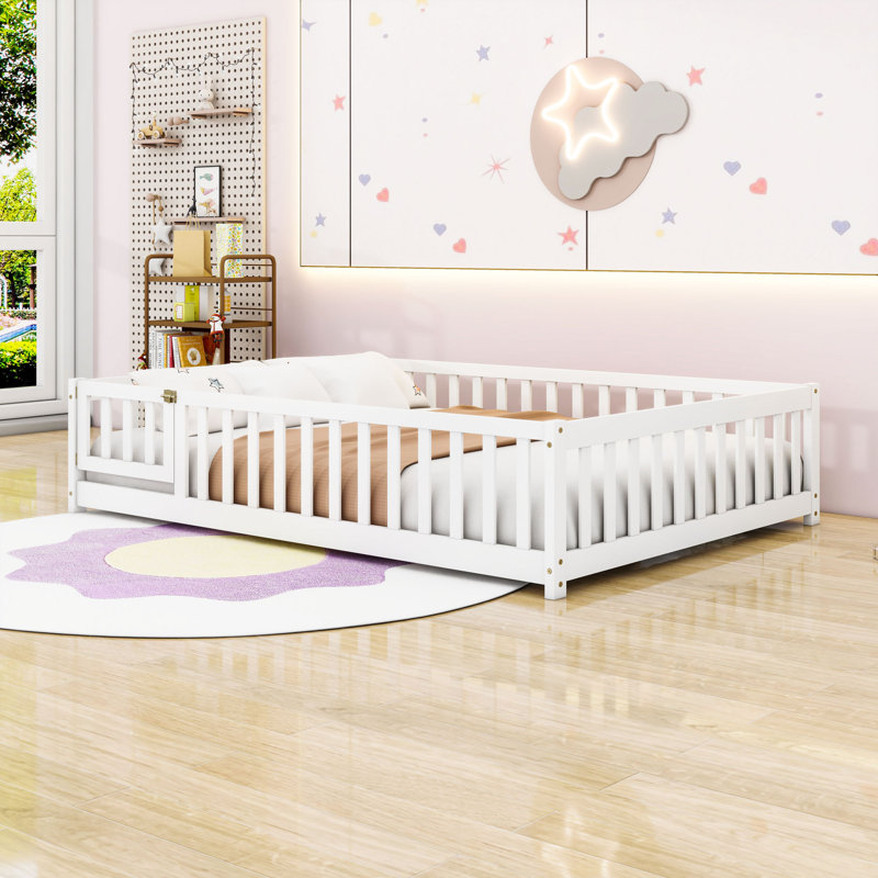 Wood Low Platform Bed With Fence Door And Guardrails, Full, White