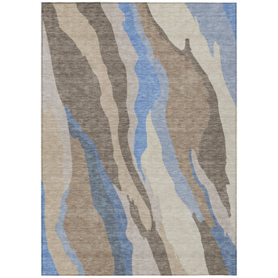 10' X 14' Taupe Tan And Blue Abstract Washable Indoor Outdoor Area Rug