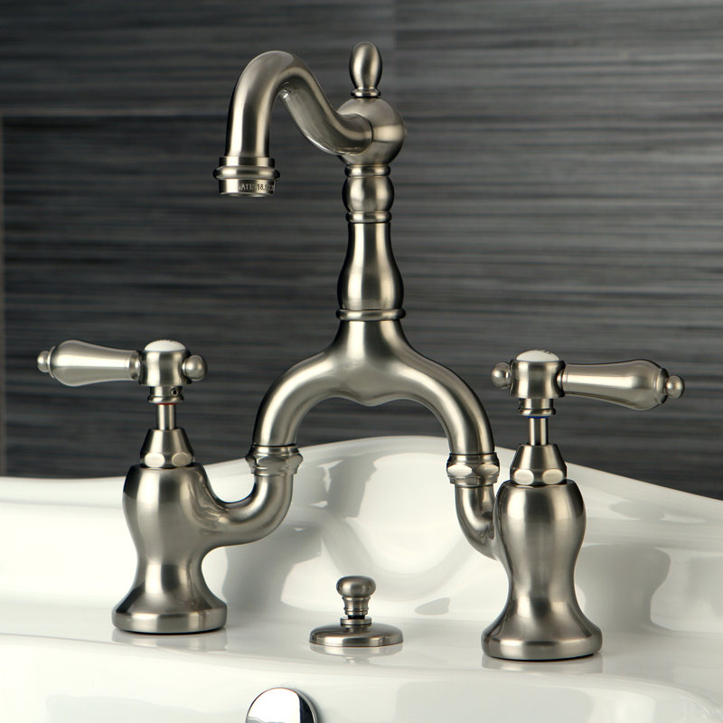Kingston Brass Heirloom Two-Handle 3-Hole Deck Mount Bridge Bathroom Faucet with Brass Pop-Up, Brushed Nickel