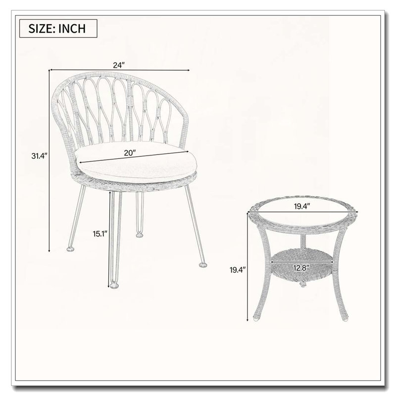 Ensemble de loisirs d'extérieur, 2 chaises simples en rotin avec table ronde en verre, Coussin beige / structure naturelle