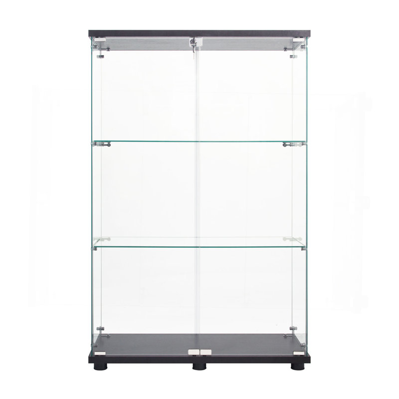 Two Door Glass Cabinet Glass Display Cabinet With 3 Shelves, Black
