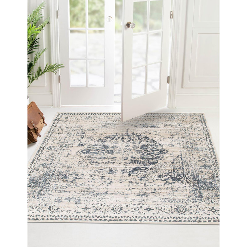 Arkeen Oriental Dark Blue/Beige/Ivory/Gray Area Rug, Square 6'9"