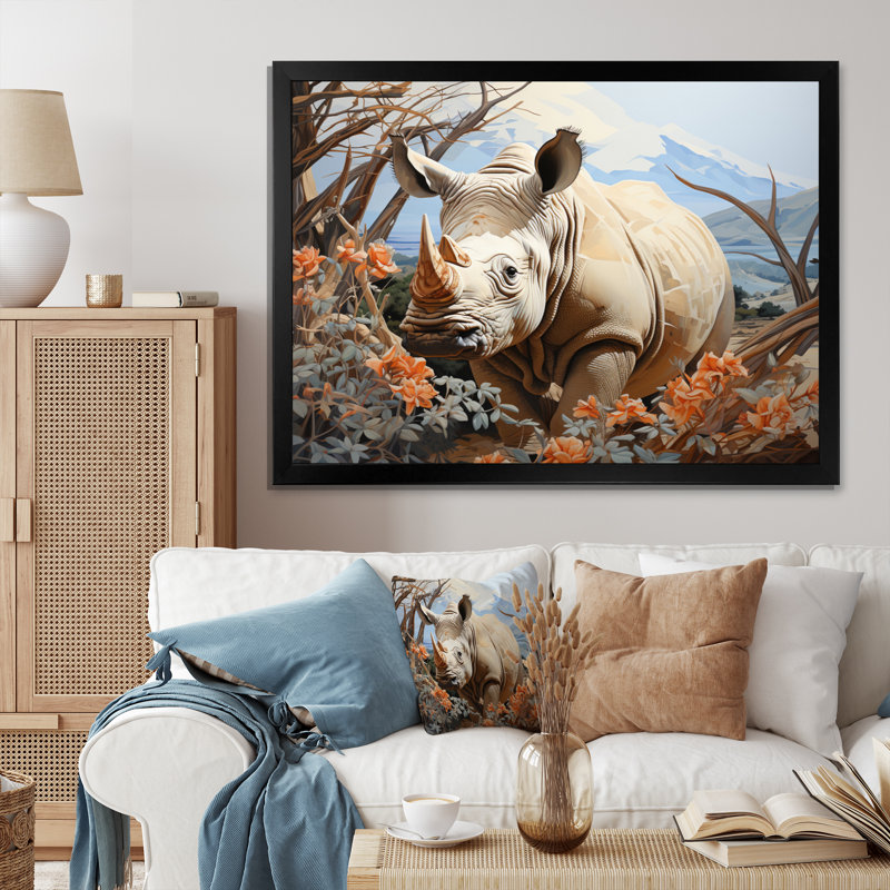 Majestic Rhino Pastoral, reproduction d'art sur toile, Cadre simple noir, H 30 po x l 40 po x P 1,5 po
