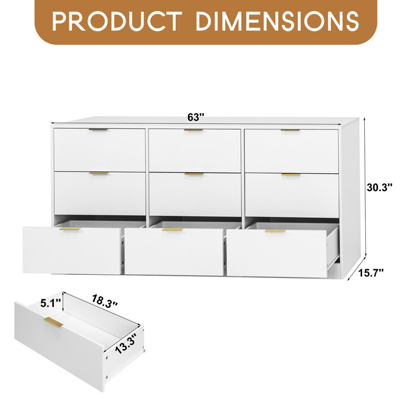 Commode à 9 tiroirs de 63 po de largeur - Commode de rangement profonde pour chambre à coucher, salon ou couloir, fabrication en bois massif