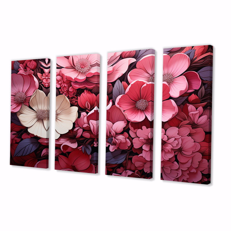 «Pink Twilight Poppies Glow Collage» - art mural 4 pièces coquelicots, H 28 po x l 48 po