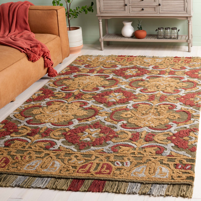 Blossom Tufted Wool/Cotton Performance Oriental Rug in Green/Gold, Rectangle 5' x 8'