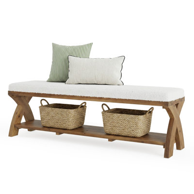 Solid Wood Upholstered Shoe Bench With Storage Shelf