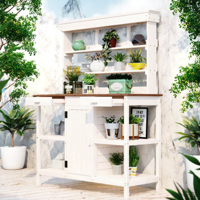 Large Outdoor Farmhouse Wooden Potting Bench Table With 2 Drawers, A Cabinet And Open Shelves