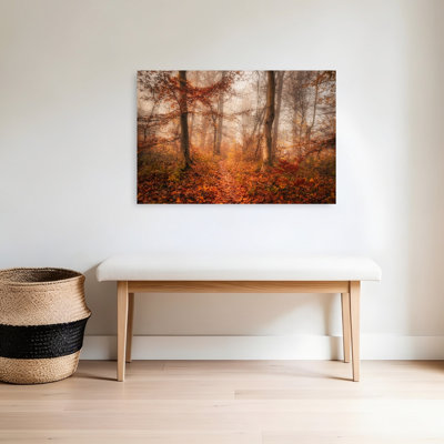 Chemin d'automne brumeux, paisible et serein, impression d'art mural abstraite sur la forêt d'automne