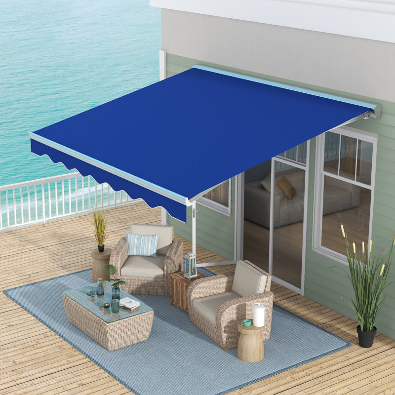 Auvent de terrasse rétractable en polyester Outsunny, Bleu, Couleur unie, H 13 pi x l 10 pi