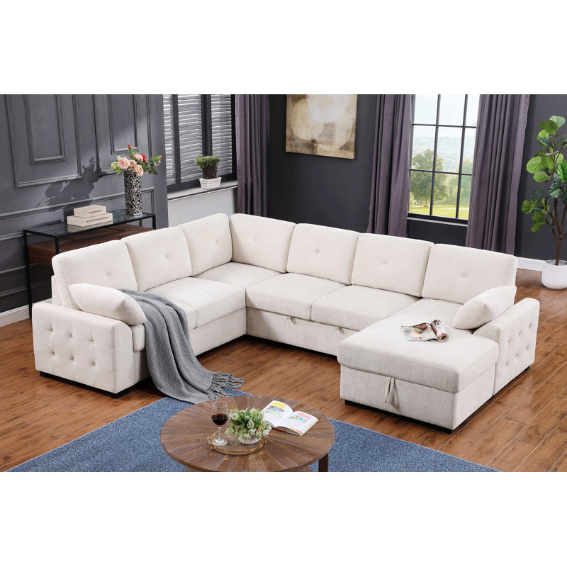 Canapé d'angle avec rangement et deux coussins, Chenille beige