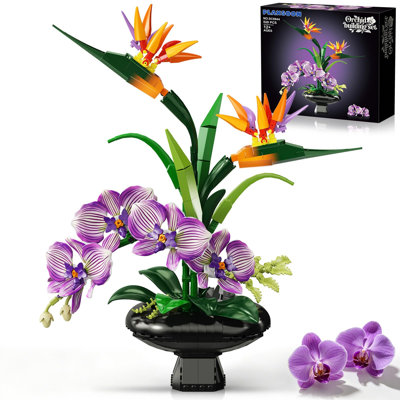 Ensemble de 528 pièces de fleurs avec orchidées et oiseaux du paradis avec vase, imprimé brique botanique,