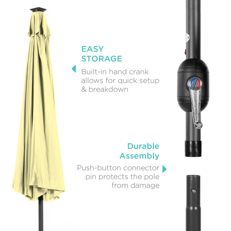 Parasol lumineux solaire à DEL avec ajustement de l'inclinaison 10 pi Shearer, tissu résistant aux rayons UV, Jaune pâle