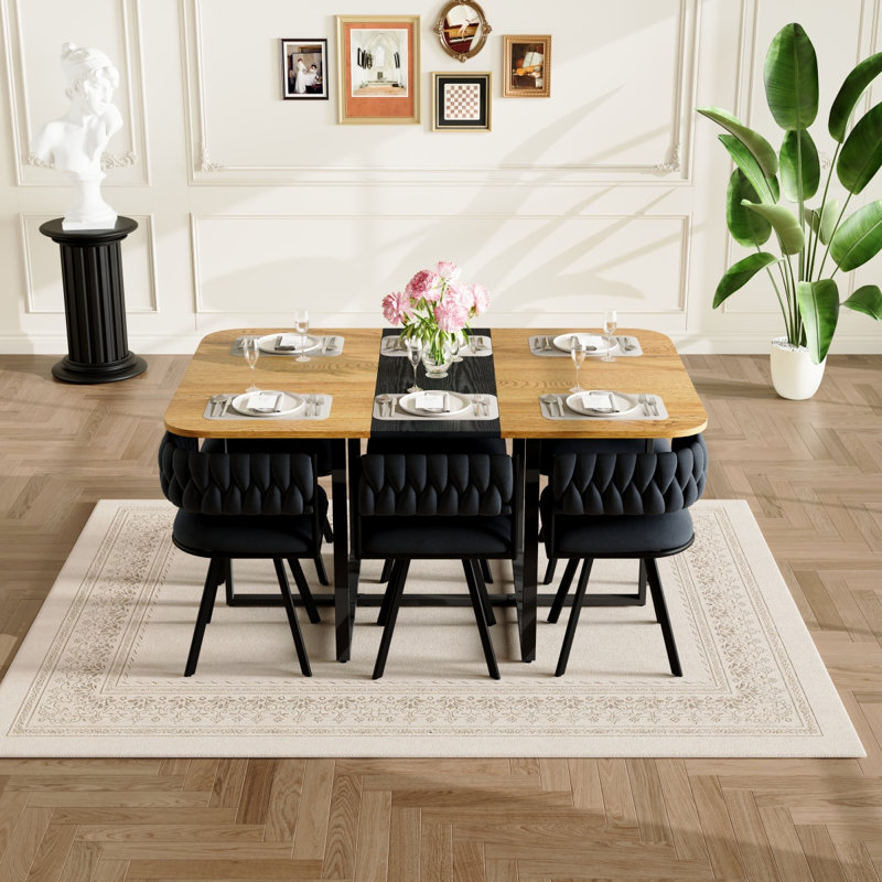 Ensemble de table de salle à manger 7 pièces rectangulaire, plateau de table fixe en grain de bois bicolore et triamine noire avec 6 chaises en velours beige, ensemble de table de cuisine moderne pour 6 personnes, idéal pour les petits espaces, apparte