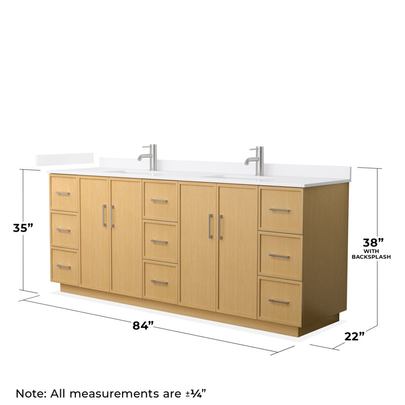 Elan TK 84" Freestanding Double Bathroom Vanity with Quartz Top, White Quartz, Light Oak, Brushed Nickel