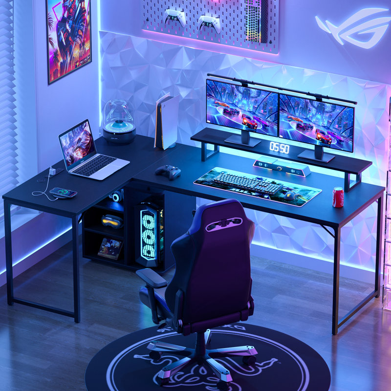 Joro L Shaped Desk with Cabinet 58.3 Inch Reversible Corner Computer Desk or 2 Person Long Table, Black