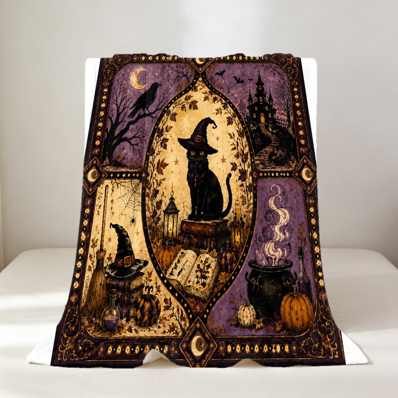 Couverture polaire douce et confortable avec chapeau de sorcière et chat noir pour l'Halloween, idéale pour canapé, lit ou toute autre décoration intérieure. Cadeau idéal pour l’Halloween.
