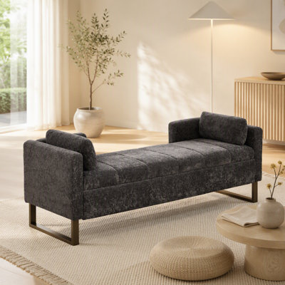 Banc de rangement rembourré à rabat de 63,98 po avec repose-pieds, repose-pieds en chenille avec accoudoirs et dossier et 2 traversins avec pieds en métal pour le salon, le bout du lit, le couloir et la chambre du vestibule. Gris anthracite