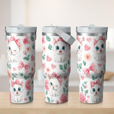 30 oz Tumbler  with Lid and handle  Stainless steel  Insulated tumblers  Cute water bottle with Flip(Cat)