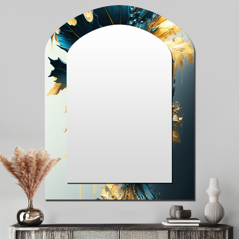 Abstract Blue And Gold Leaves II - Leaves Asymmetrical Decorative Wall Mirror, Blue Arch Large Mirror, Printed Metal Art