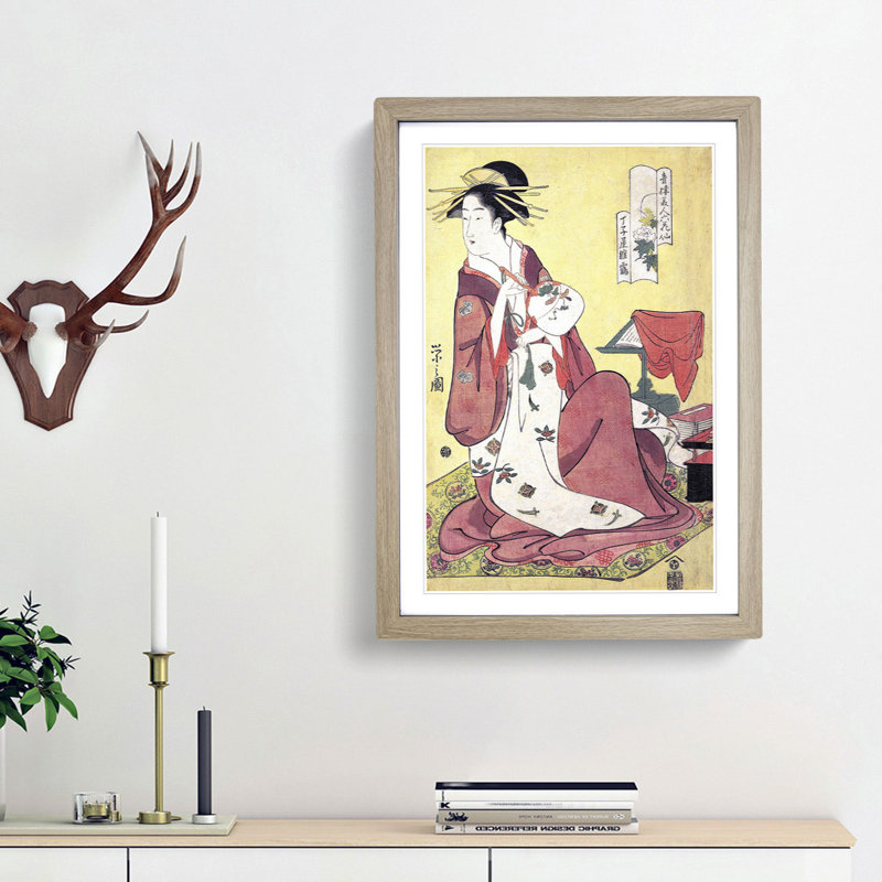 Lady with a Fan by Chobunsai Eishi - Picture Frame Painting Print, 36cm H x 27cm W x 2cm D, Oak Framed