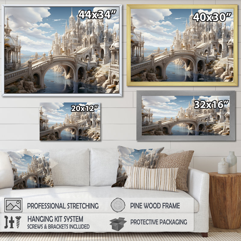«Beige Bridge Ethereal Passage I», reproduction d'art mural, H 16 po x l 32 po x P 1 po, Encadrement doré