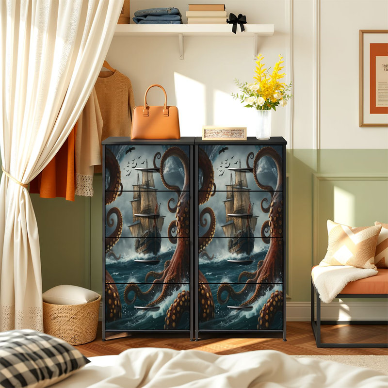 Commode pour chambre à coucher avec 4 tiroirs de rangement Pirate Ship Fighting Giant Octopus