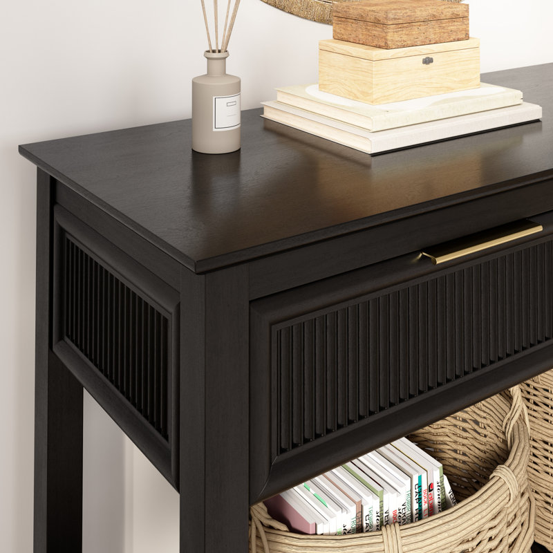 Console étroite avec tiroirs et tablette, conception cannelée, bois moderne, bouleau onyx, Black