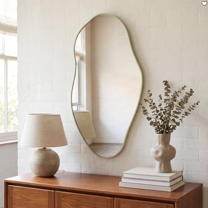 Everly 20 in. W x 42 in. H Large Irregular Framed Decorative Wall Mirror, Asymmetrical Wavy, Sage Green, Sage Green
