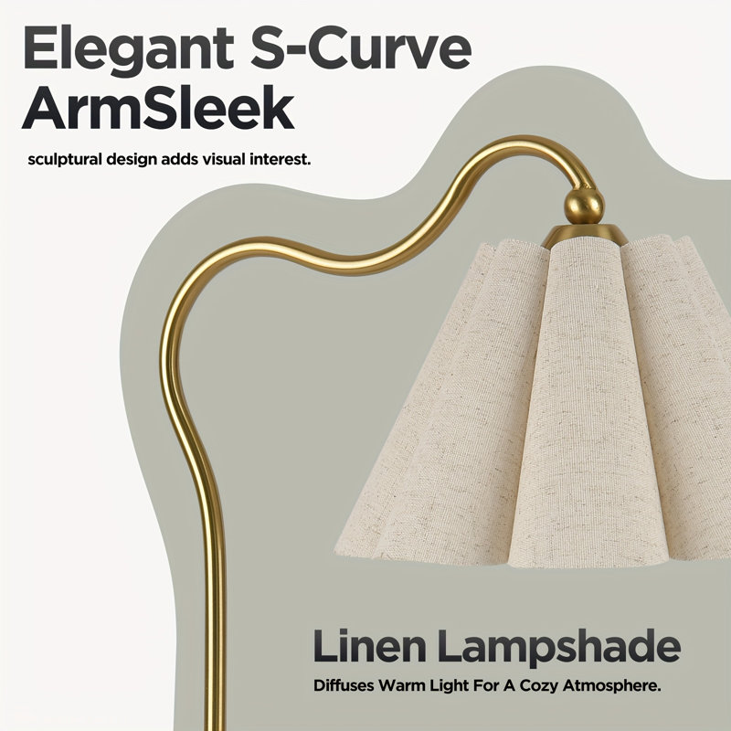 Modern Minimalist Style Curved Metal Lamp Post Decorative Desk Lamp, Use E26 Bulb With Linen Petal Shaped Lampshade (bulb Not Included)